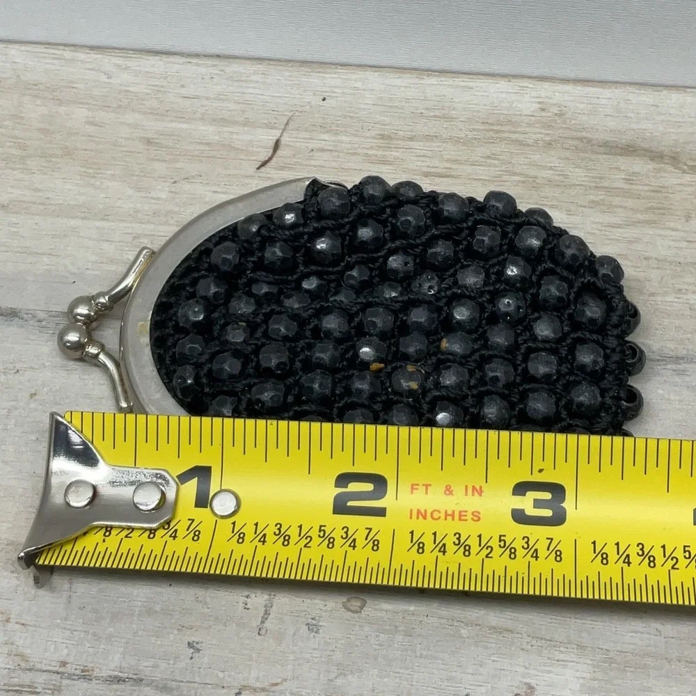 Vintage Black Beaded Coin Purse Kiss Lock Clasp Small Change Pouch Accessory
